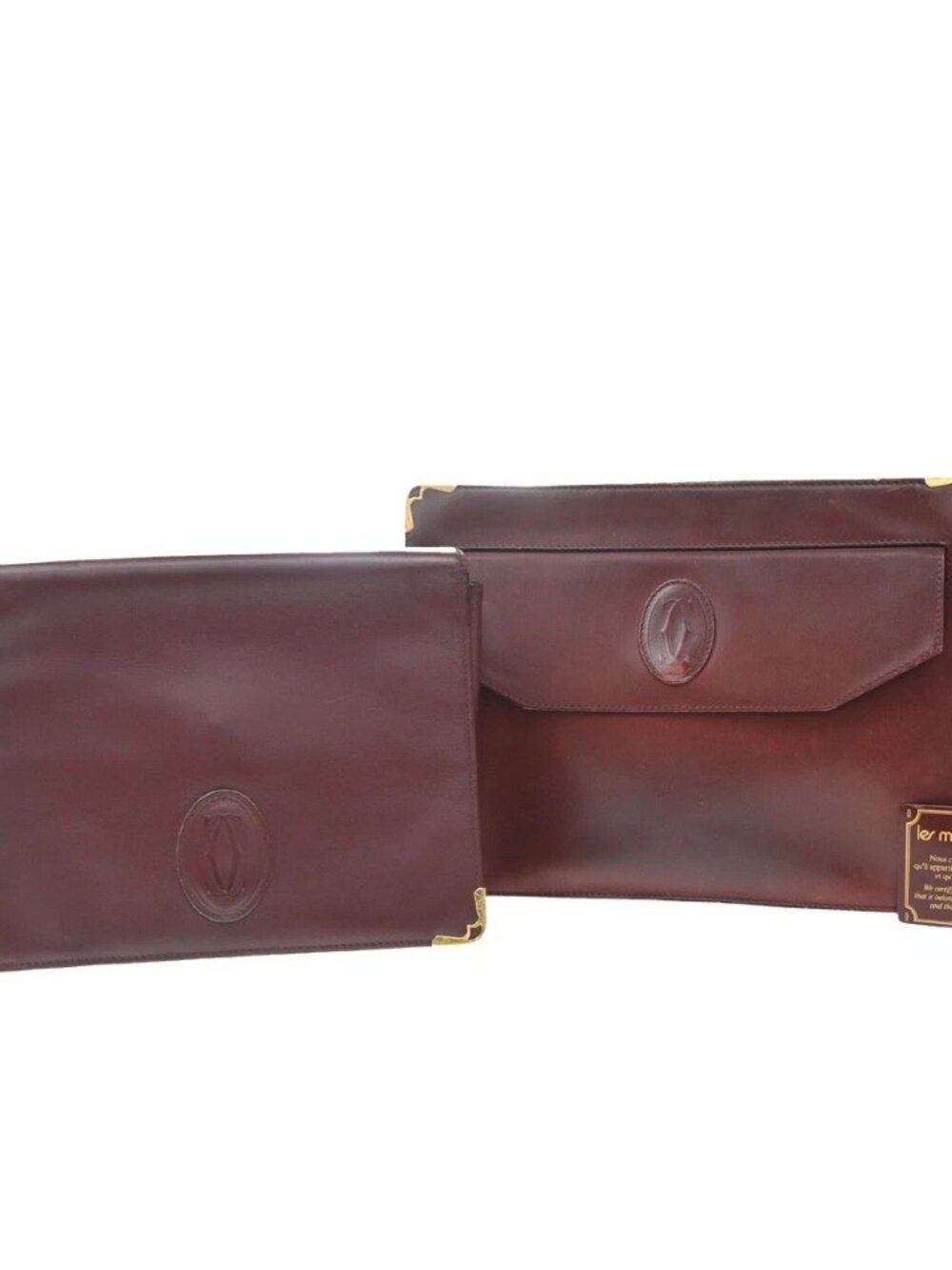 MUST DE CARTIER Logo 2 Lot Cluch Hand Bag Leather Red Bordeaux GHW 07KD519